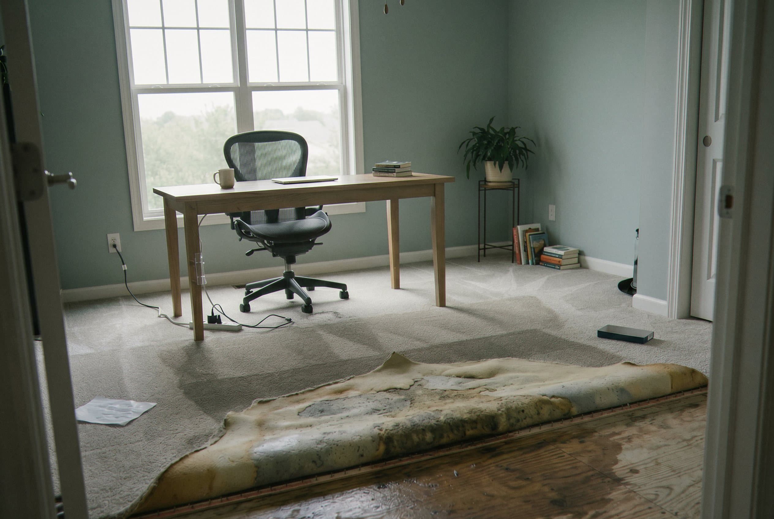 Standing water across bedroom carpet