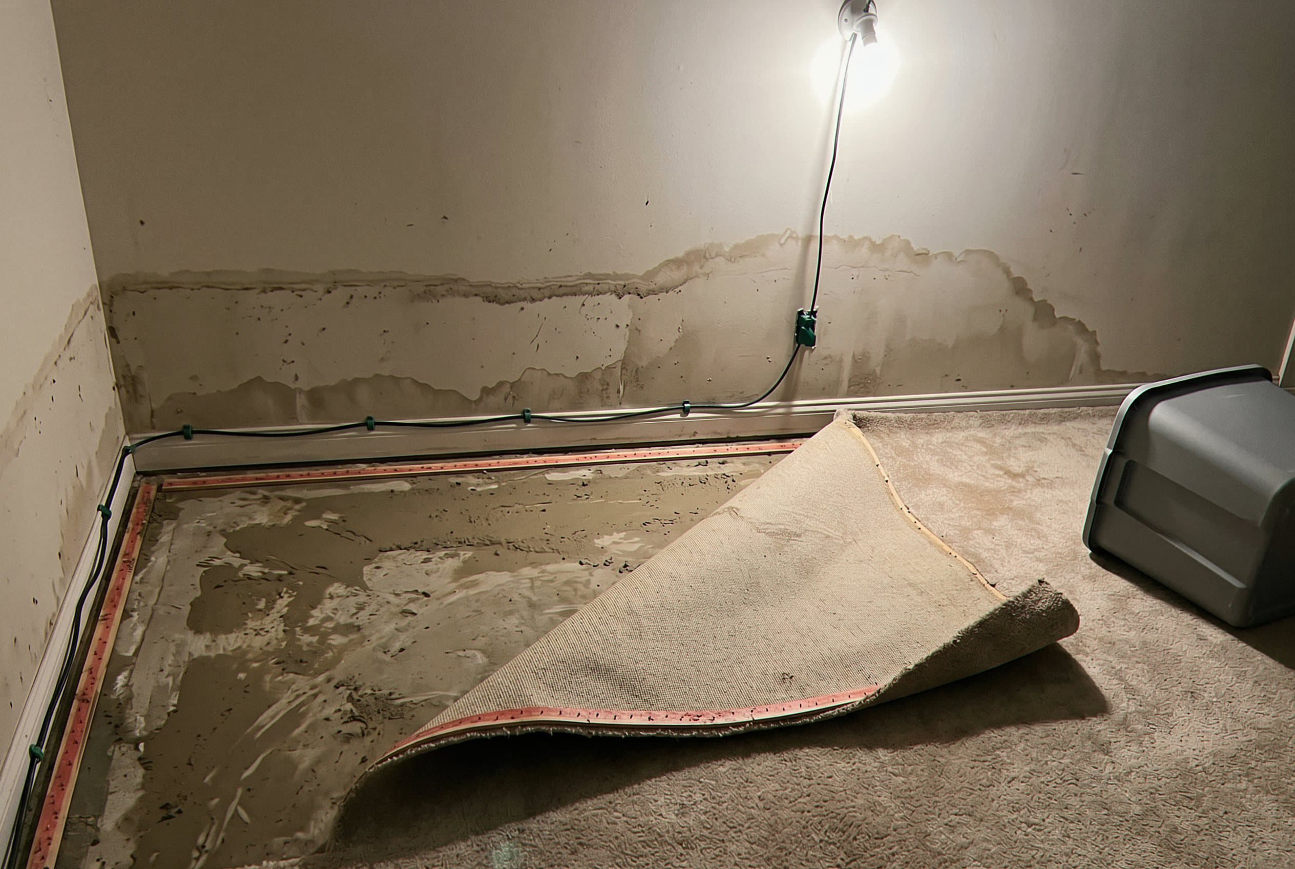 Water damage visible across basement
