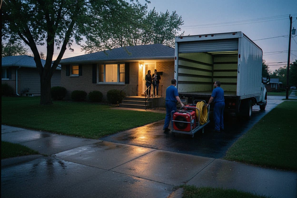 Crew unloading equipment on wet driveway
